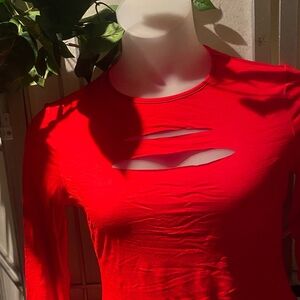 Women's Red Long-Sleeve Slashed Front Top